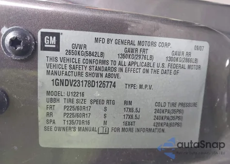 2008 Chevrolet Uplander Ls из США, поврежденный, VIN 1GNDV23178D126774